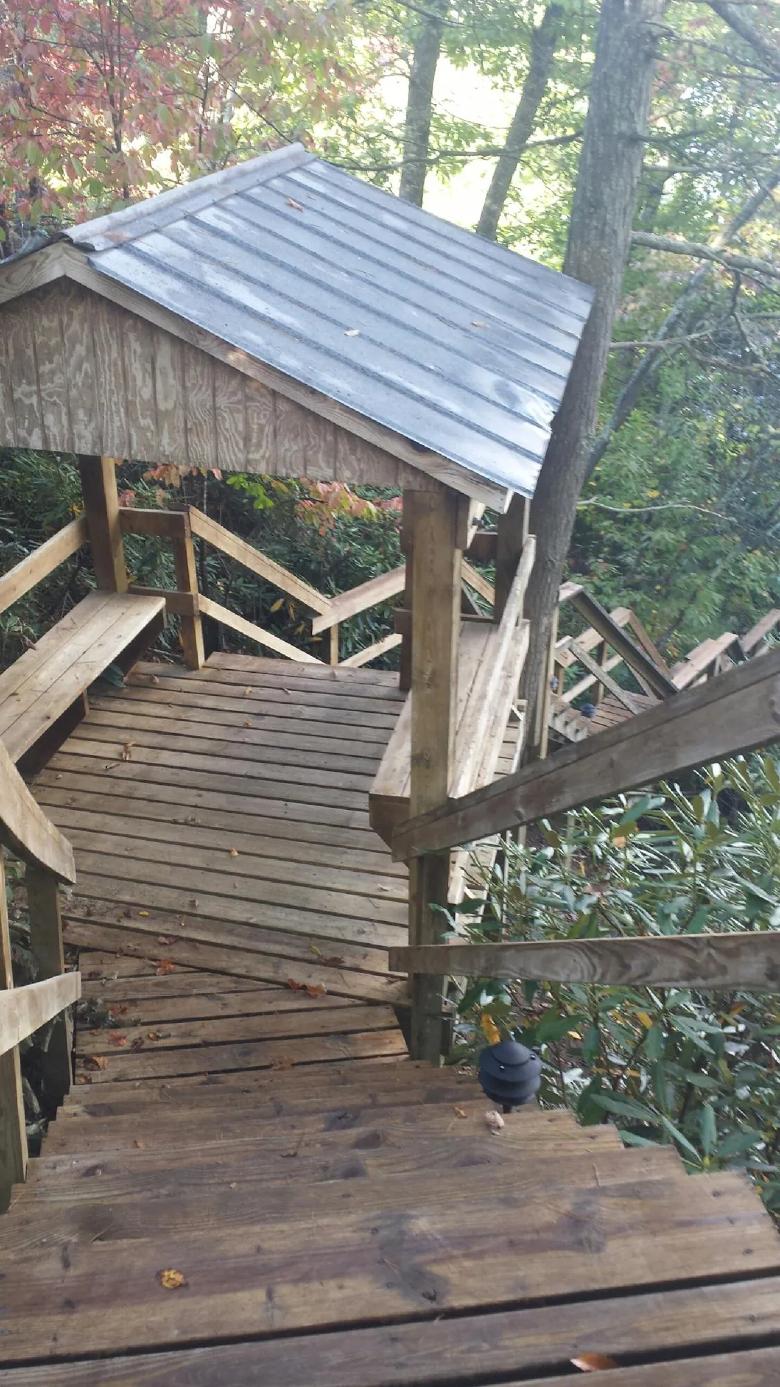 Metal roofed shelter over wooden steps on a wooded walkway — Skylight Repair & Installation work by our crew in Port Crane
